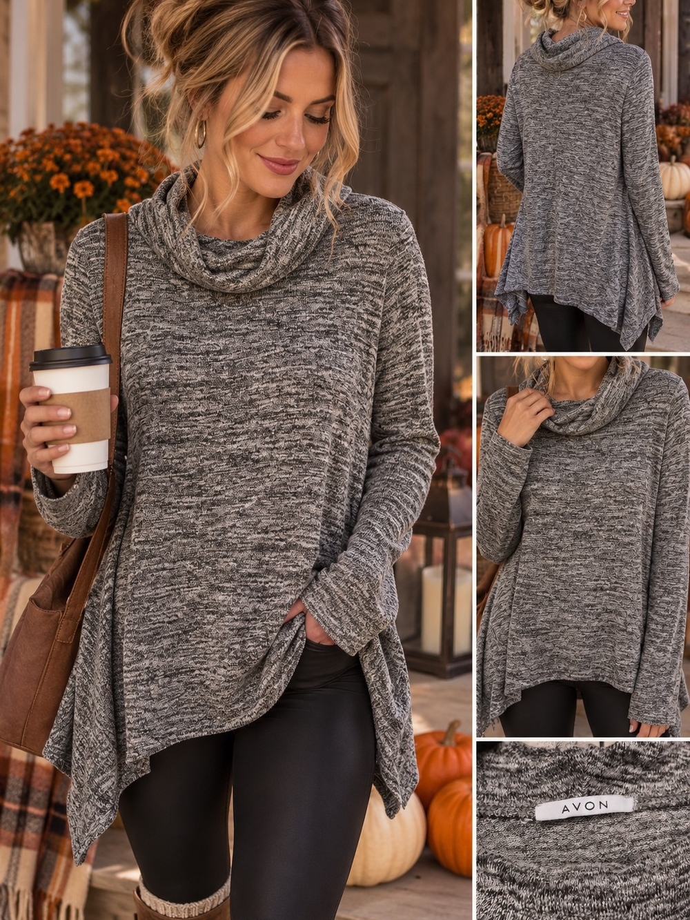 Avon Marled Gray Cowl Neck Tunic Sweater